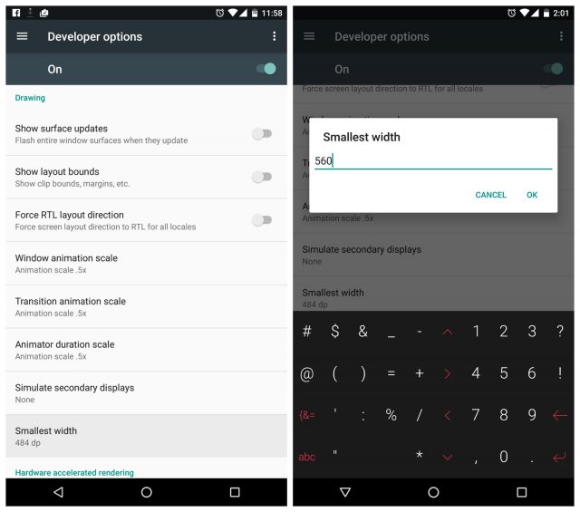 Android N Smallest width DPI setting