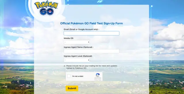 Pokemon GO Field Test Sign Up form