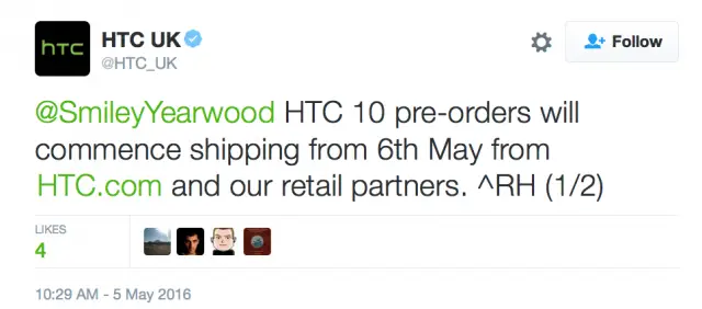 htc 10 uk shipping tweet