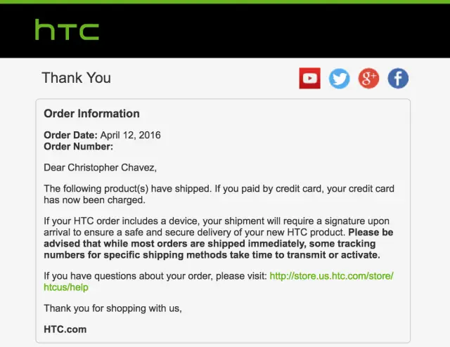 htc 10 shipping confirmation