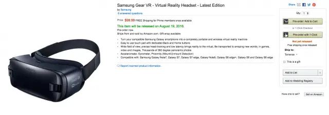 Amazon Samsung Gear VR 2016 pre-order