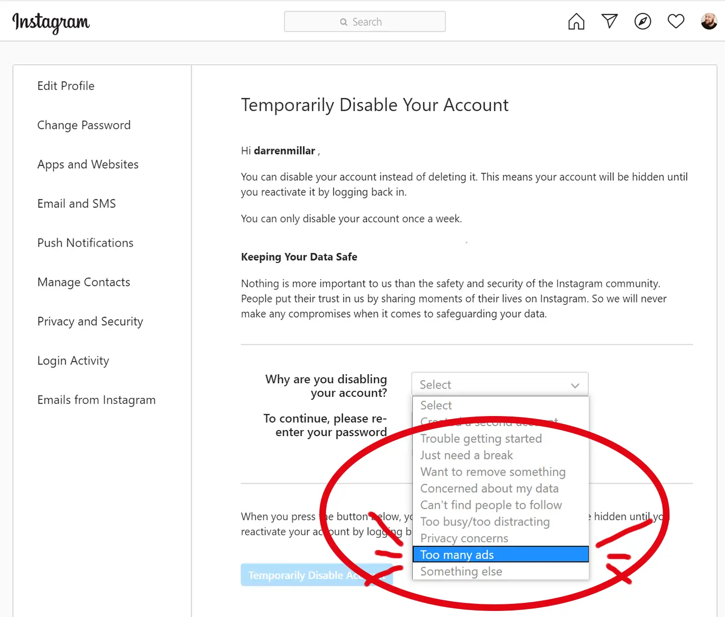 How to temporarily disable or suspend your Instagram account