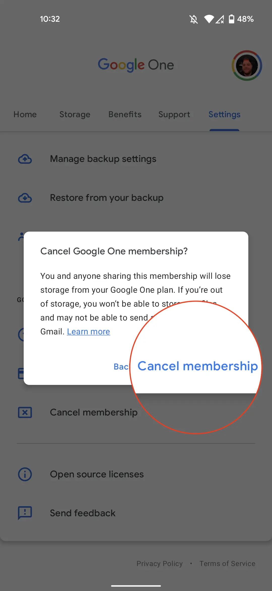 Cancel Google One on Android 3