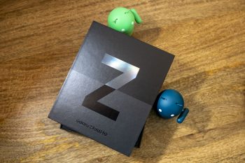 Samsung Galaxy Z Fold 3 in box with Android figures