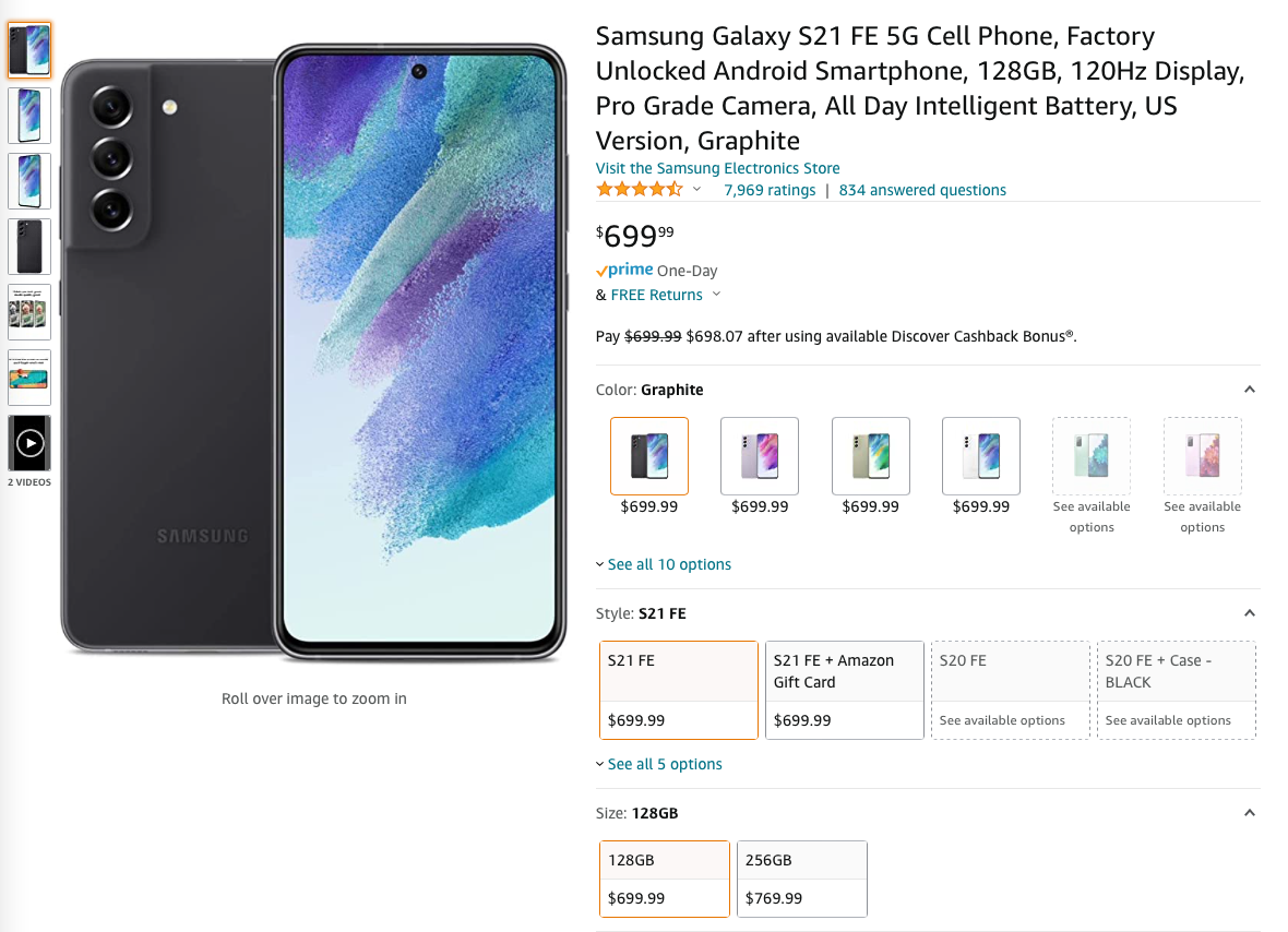 Galaxy S21 FE Amazon Listing