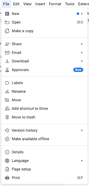 New file menu for the Google Docs April 2022 Update showing a different menu selections for example file creation now being in the file drop down menu