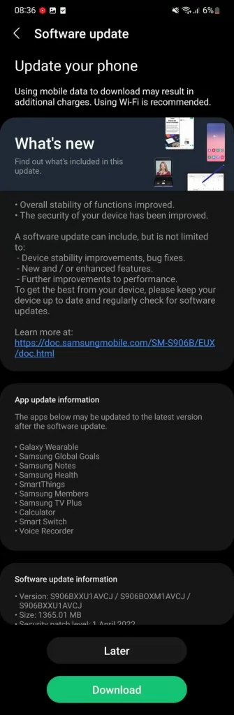 Update for April 2022 Software update Screen for Samsung Galaxy phones.