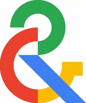 An ampere sign with green semi circle making the top part of the sign. A red semi circle taking up the lower half. And it is accented by a blue strike through the middle of the sign. And a yellow curve rounded out the & 