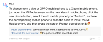 To change from a vivo or OPPO mobile phone to a Xiaomi mobile phone, just open the Mi Replacement on the new Xiaomi mobile phone, click the new phone button, select the old mobile phone type "Android", and use the corresponding mobile phone to scan the code to install the Mi Replacement, and then press the screen Prompt operation on it!
