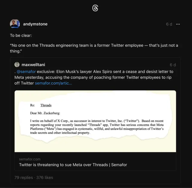 andymstone6 d Para ser claro: “Ninguém na equipe de engenharia do Threads é um ex-funcionário do Twitter – isso simplesmente não existe.”