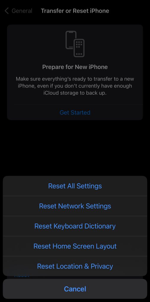 Reset Menu on iphone showing a list of options. Reset all settings. Reset Network Settings.