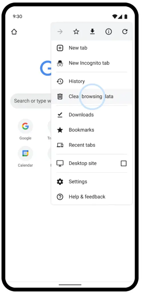 Displayed on a phone is the google chrome app's home screen showing the google search bar. There is an open menu in the top right with Clear Browsing data highlighted with a circle around the word browser.