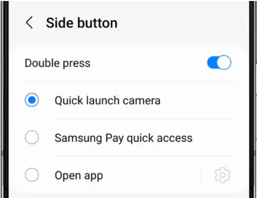 Side button with an arrow pointing back up top. A slider that says Double Press with the toggle turned on underneath it. Then 3 options of Quick launch camera, Samsung Pay quick access and open app with a cog button 