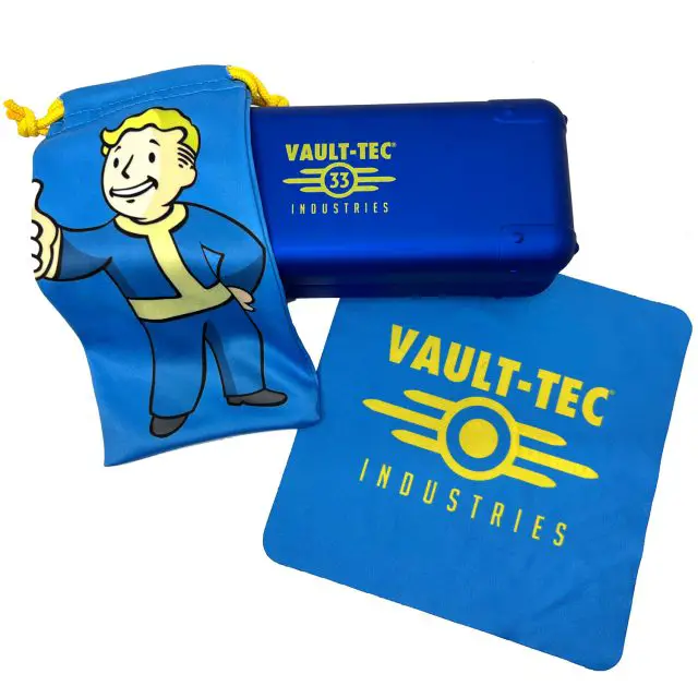 a blue fallout boy glasses cover lies on top of a blue vault tech 33 industries glasses box underneath the box lies a blue vault tech industries microfiber cloth